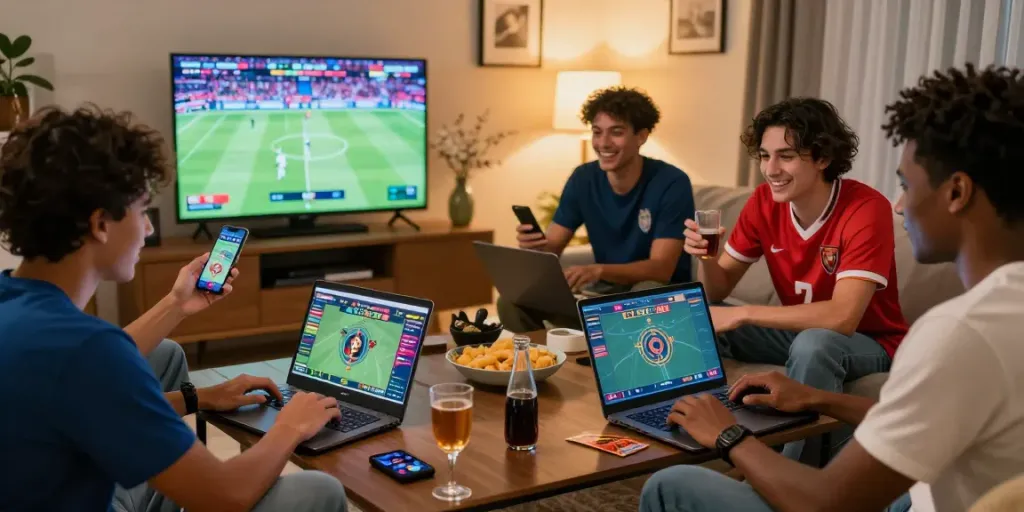Friends enjoying online betting together at home via https://uk88win.org/ in a lively, cozy living room.