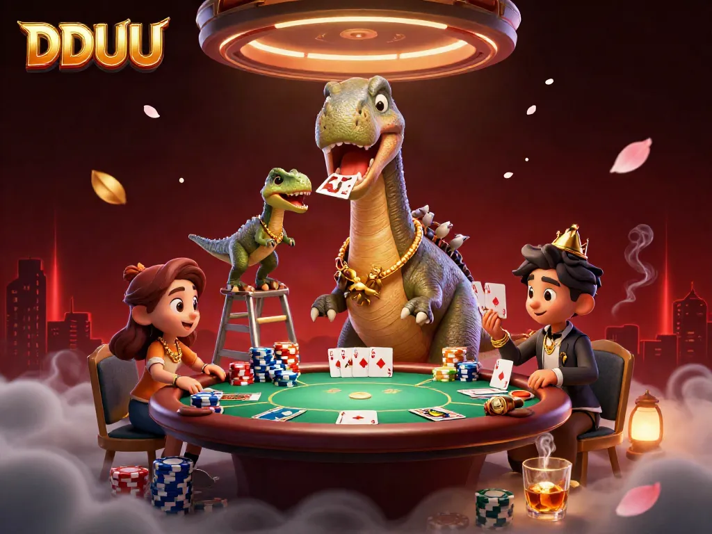 Experience DDUU thrillingly as a brontosaurus towers over a vibrant poker game filled with intrigue.