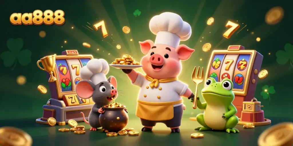 aa888 - Pig chef serves gold coins in a vibrant casino scene with dynamic games and characters.