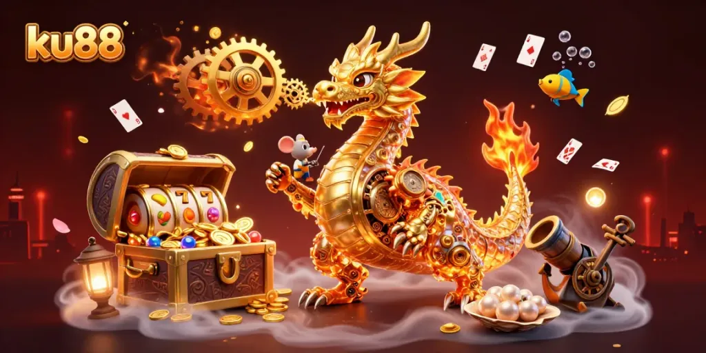 Experience exciting gameplay with ku88 in this vibrant 3D illustration featuring a golden dragon, treasures, and slot elements.