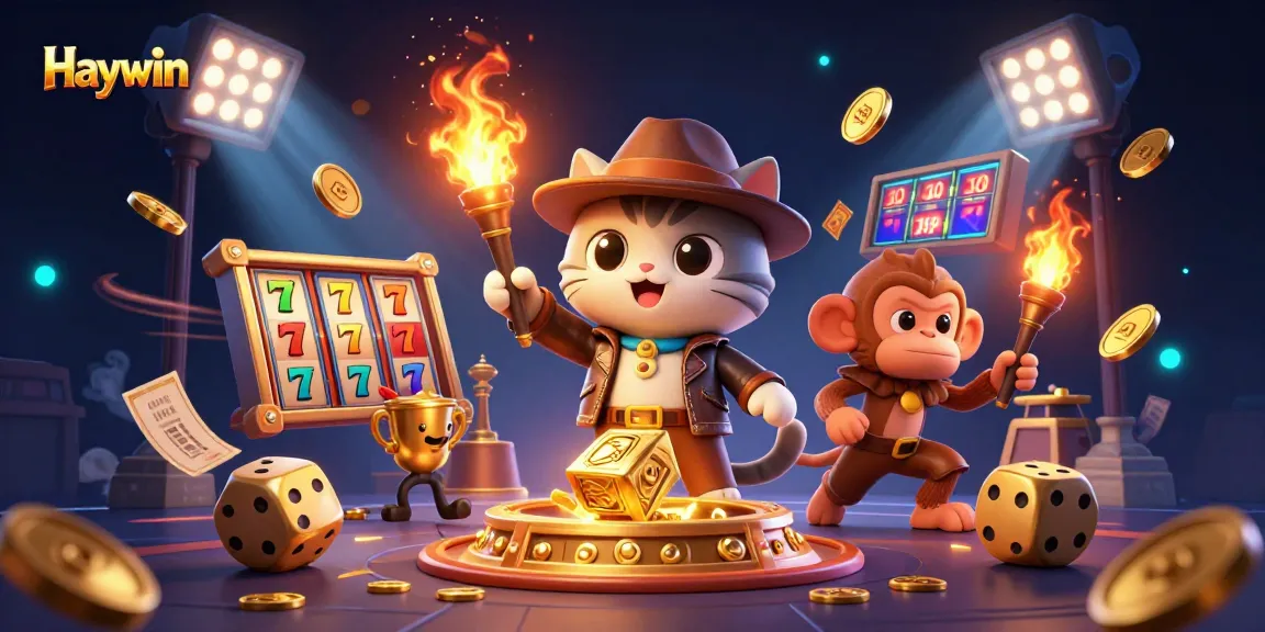 Haywin showcases an archaeologist cat discovering a golden casino artifact with dynamic game elements.