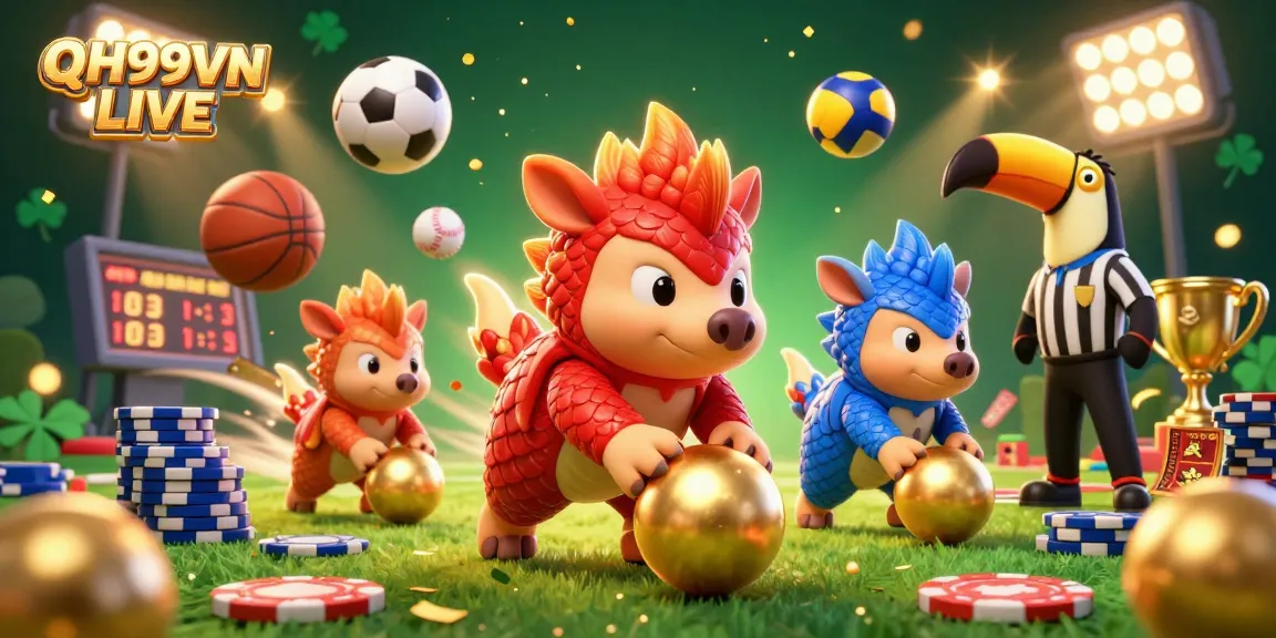 Experience thrilling gameplay with QH99VN LIVE as rival pangolins battle over poker chips and sports elements.