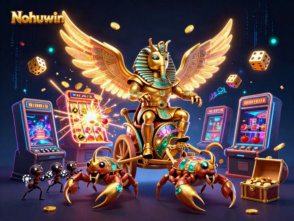 Experience Nohuwin's exciting game features with a vibrant 3D illustration of casino-themed characters and elements.