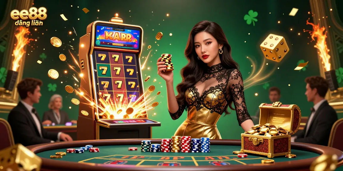 Engage with ee88 đăng nhập at an exclusive casino featuring a glamorous baccarat table and a jackpot explosion.