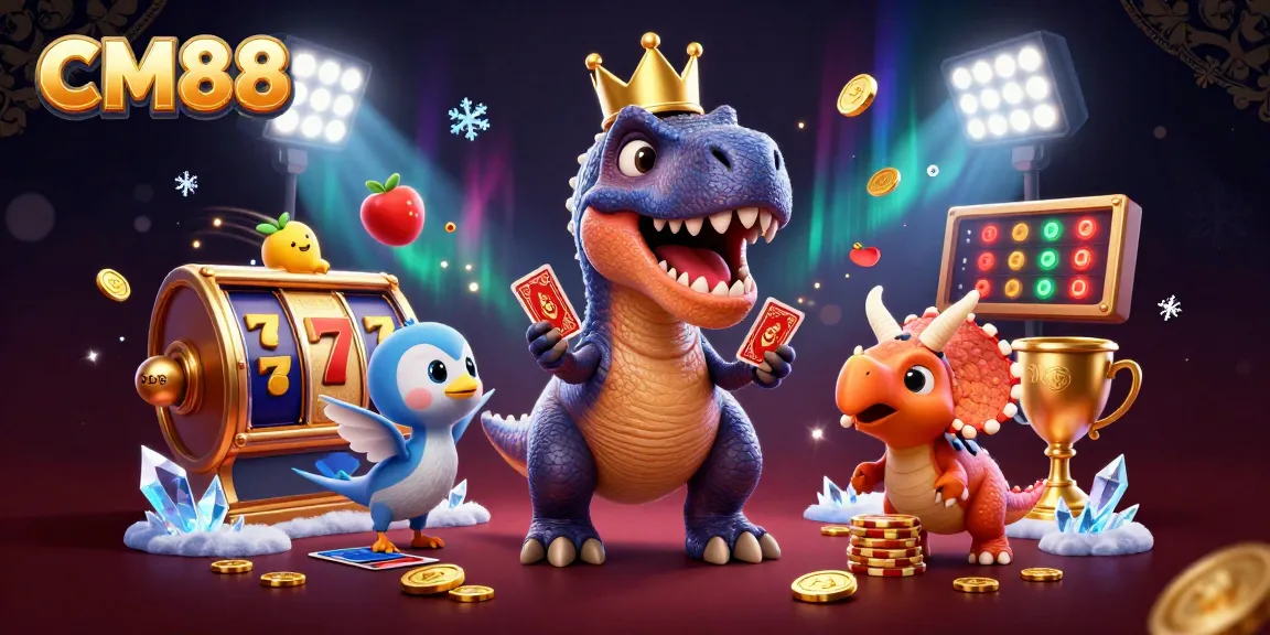 Engage with CM88's thrilling slot games as a T-Rex deals cards amidst dynamic casino elements.