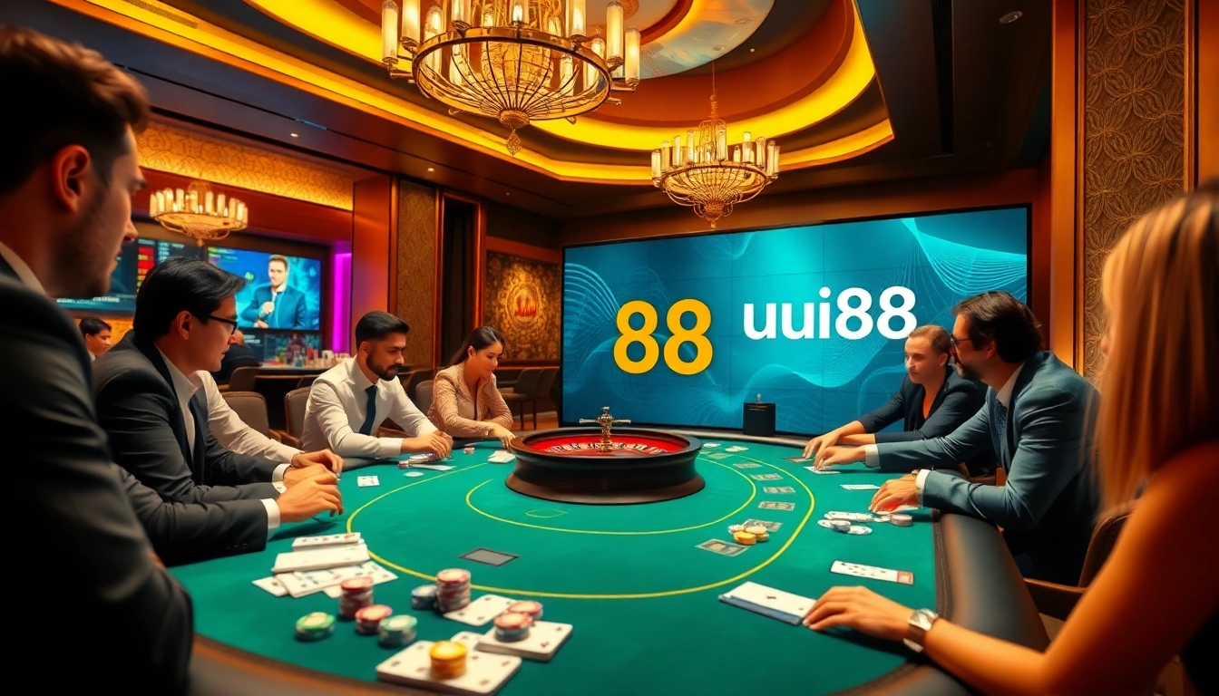 Players enjoying a professional poker game at uu88 casino table with vibrant chips and cards.