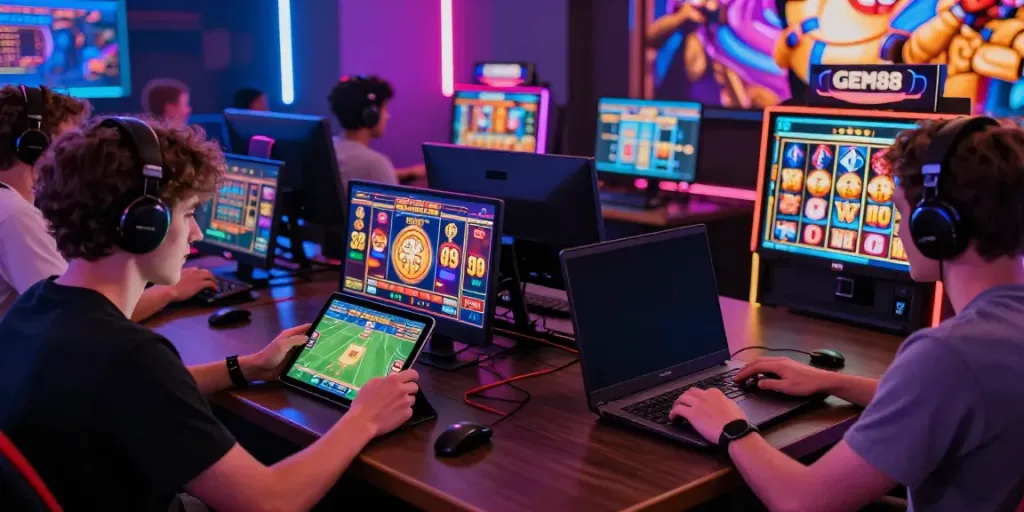 Gamers interacting with GEM88 online platform showcasing gaming excitement and diversity.