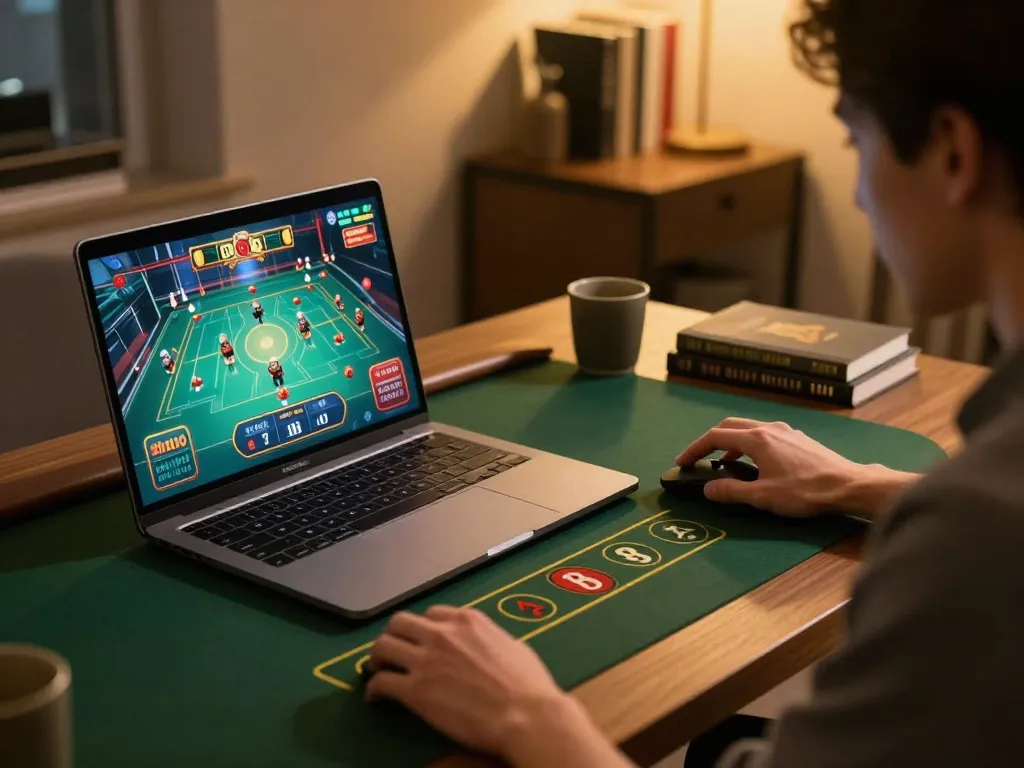 Engaging in game bài online, showcasing a focused player in a cozy home gaming setup.