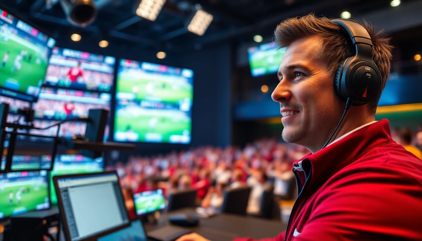 Dynamic sports broadcasting studio showcasing live events and an excited analyst.