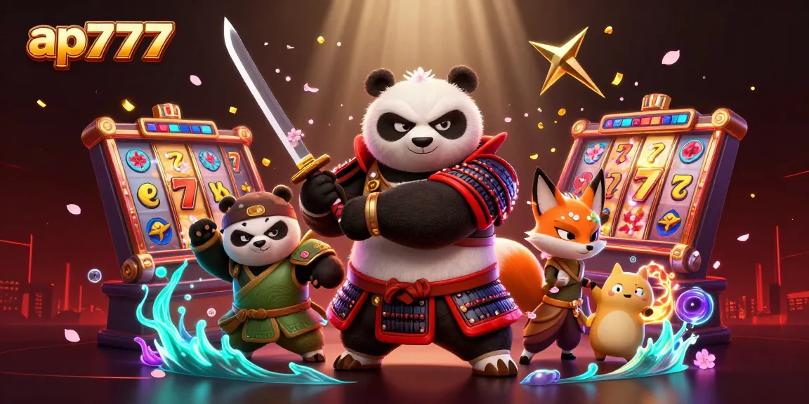 Jogue slots emocionantes no ap777 com um panda samurai e elementos vibrantes de cassino.