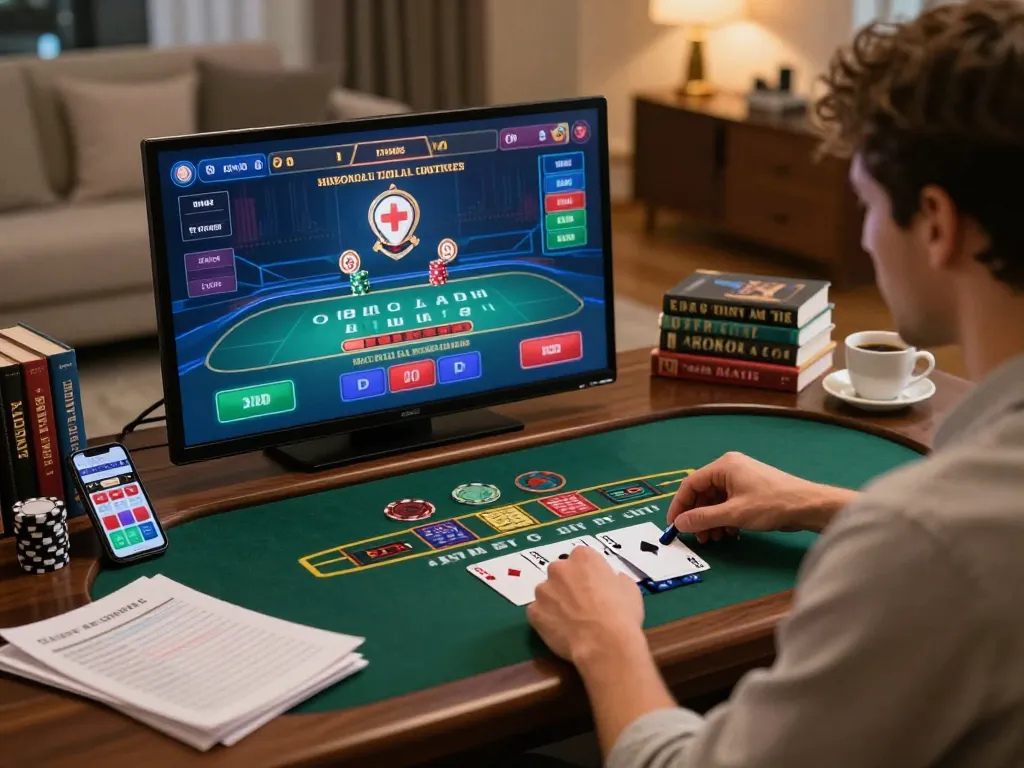 C168 player engaged in strategic online blackjack game in stylish home setting.