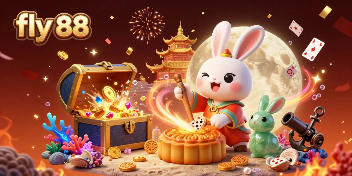 Experience the magical world of fly 88 with vibrant 3D characters enjoying casino delights amidst rich decorations and winning treasures.