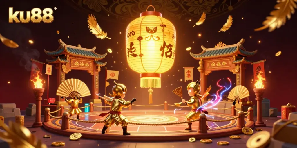 Play thrilling casino games at ku88 with mystical spirits and golden warriors in a vibrant atmosphere.