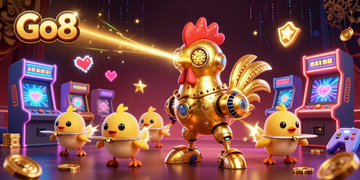 Engage with Go8's thrilling gaming experience featuring a golden rooster robot and baby chick drones.