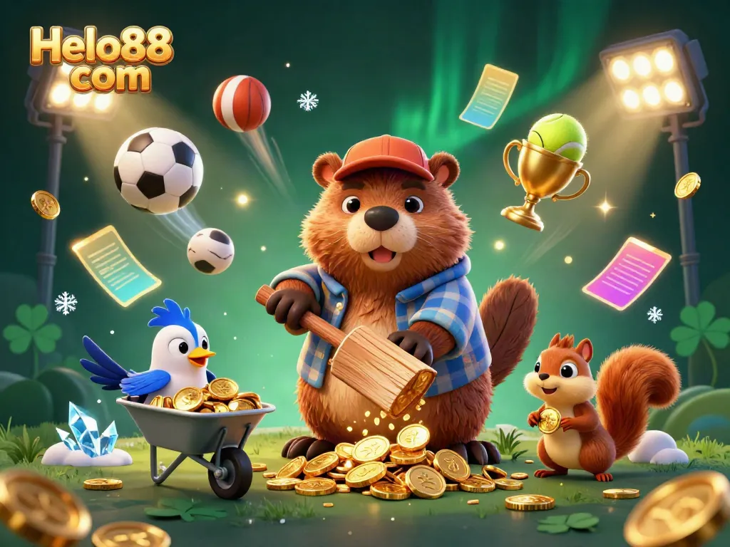 Collect coins with Helo88 com in this vibrant casino-themed illustration showcasing a beaver and friends.