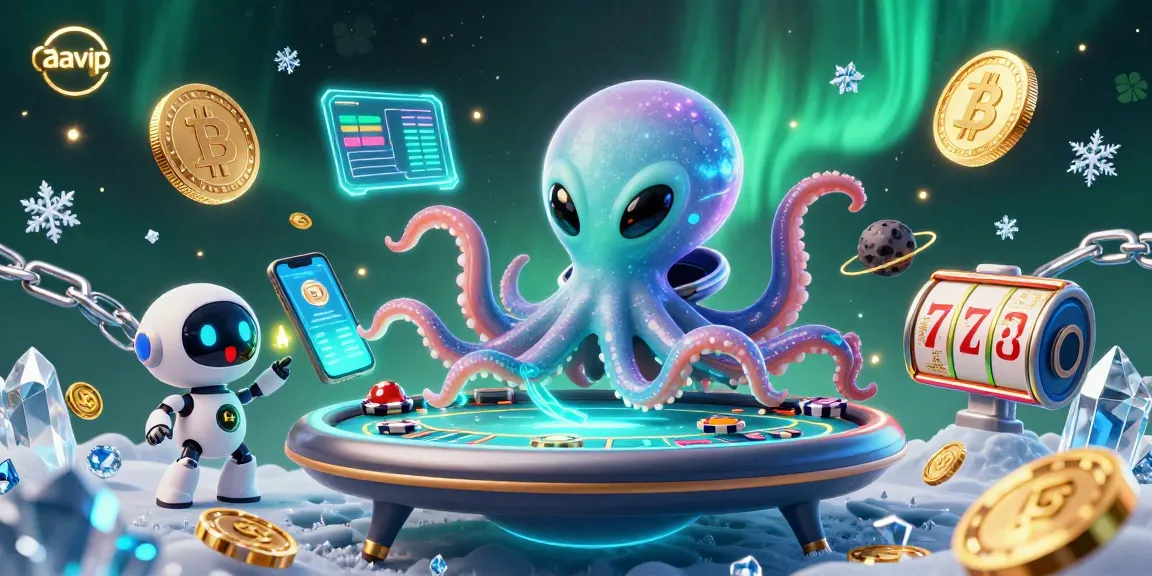 Experience thrilling poker action with aavip in this vibrant 3D illustration featuring an alien octopus at a floating table.