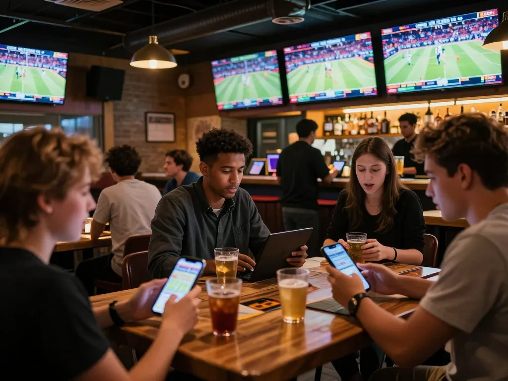 Fans actively placing bets on 789wim in a vibrant sports bar during live games.