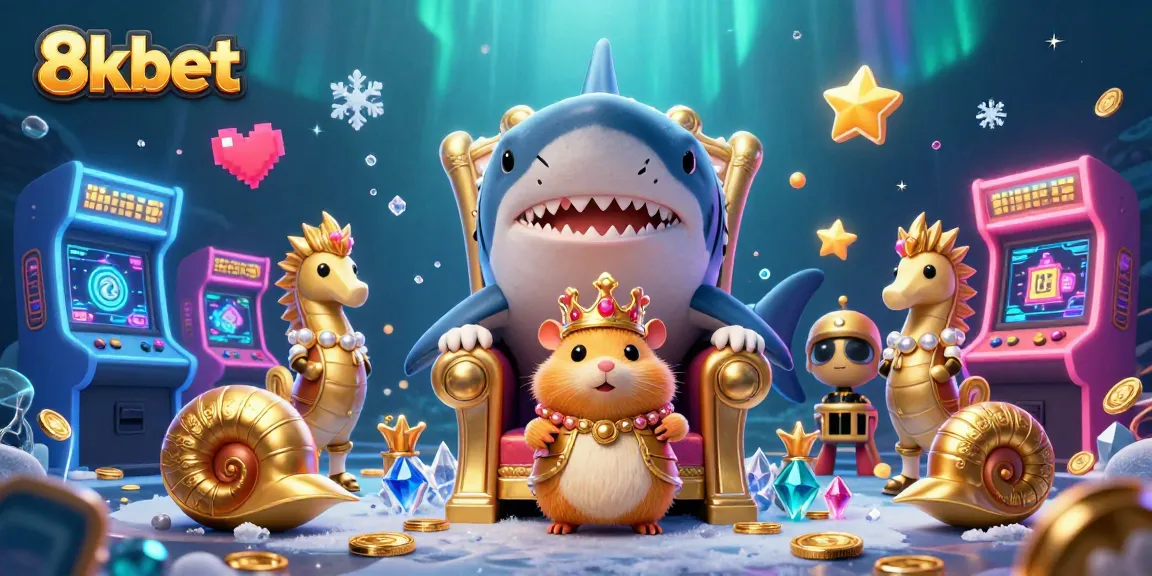 8xbet showcases a unique underwater casino theme with a golden hamster king ruling over arcade gaming elements.