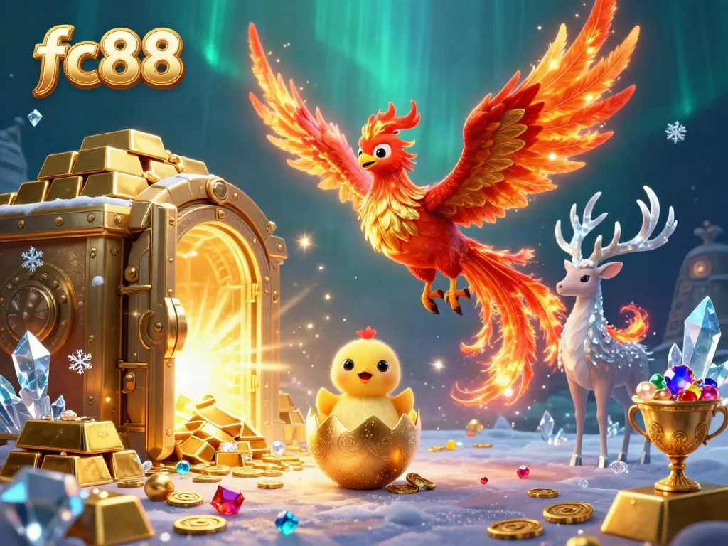 Experience the thrill of fc88 with an exquisite phoenix and treasures in a dynamic casino scene.