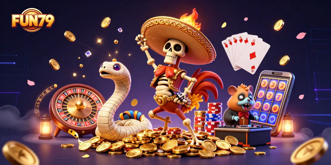 FUN79 celebrates gaming wins with vibrant 3D characters in a lively casino scene