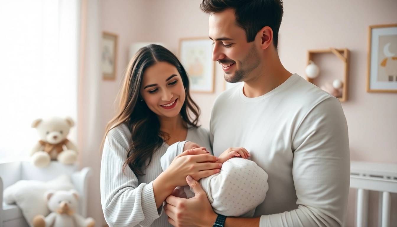 Family with newborn baby sharing a tender moment in their cozy nursery.