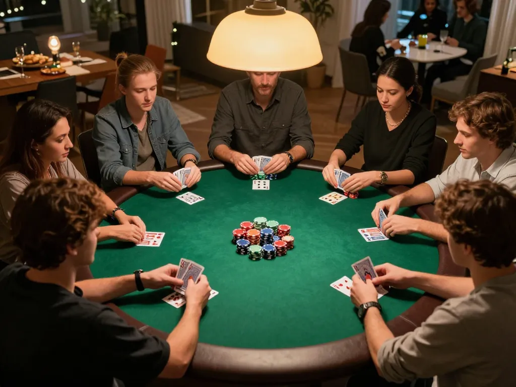 Players strategizing at a poker night engaging in Go8-friendly gameplay with vibrant chips and cards.