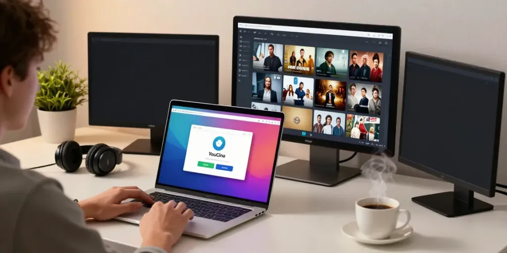 Usuário instalando Youcine Para PC enquanto aproveita o conteúdo de entretenimento em um laptop moderno e organizado.