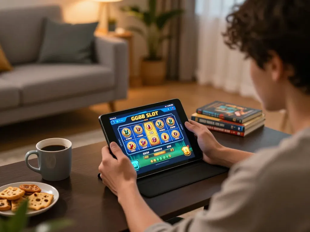 Engaged player exploring GG88 SLOT games on a tablet in a cozy home setting, enhancing online gambling experience.