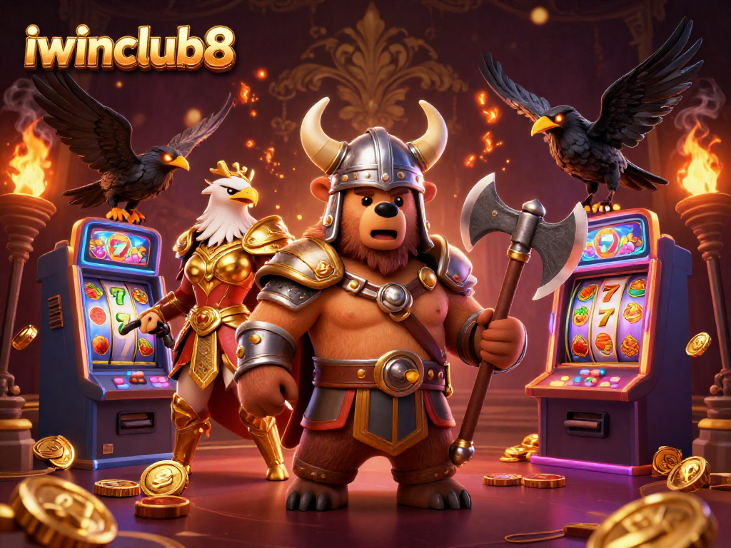 Spin to win with iwinclub8's thrilling Viking bear and Valkyrie eagle in a colorful casino scene.