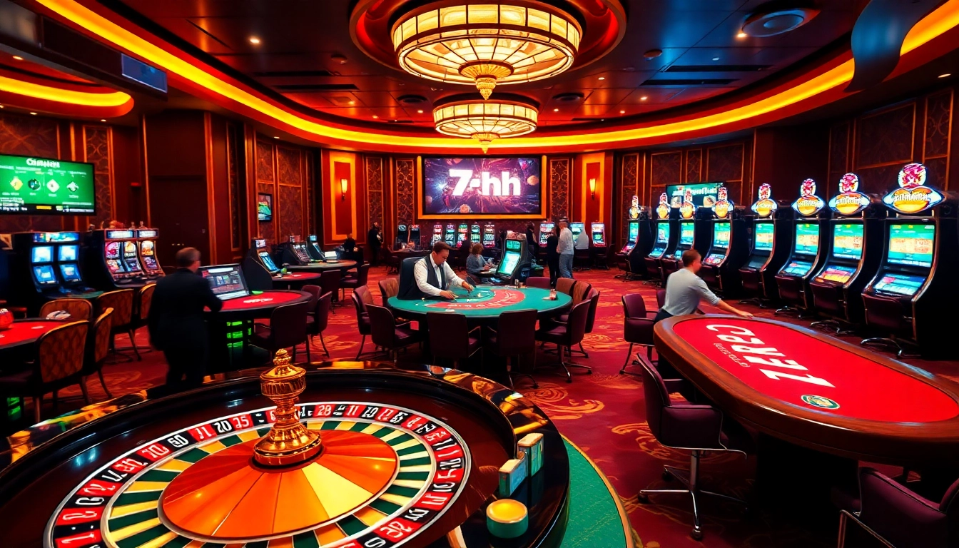 Engaged gamblers enjoying various games at a luxurious 7hh casino.