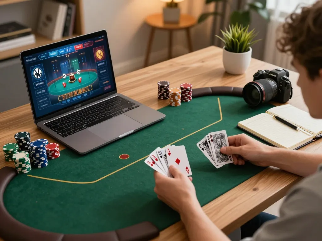 Player enjoying online poker at home with 99ok on their laptop, capturing strategic gameplay.
