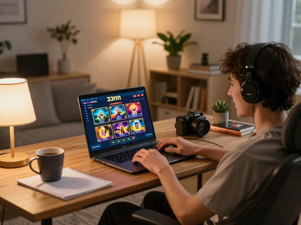 Engaging gameplay on 33nn plataforma interface in a cozy home gaming setup.