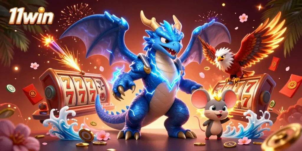 Experience the thrilling world of online gambling with 11win's vibrant characters intertwining in an electric gaming atmosphere.