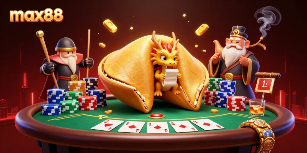 Experience max88 with a vibrant casino scene featuring a golden fortune cookie and dynamic poker elements.