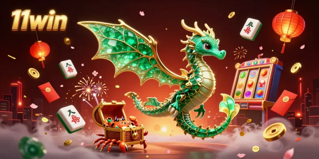 Join the excitement of 11win's casino adventure with vibrant 3D characters and elements depicting thrilling slots and treasures.