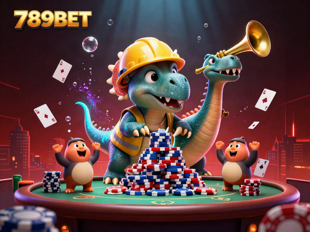 Engage in 789BET poker excitement as a vibrant scene unfolds with playful dinosaurs amidst casino elements.