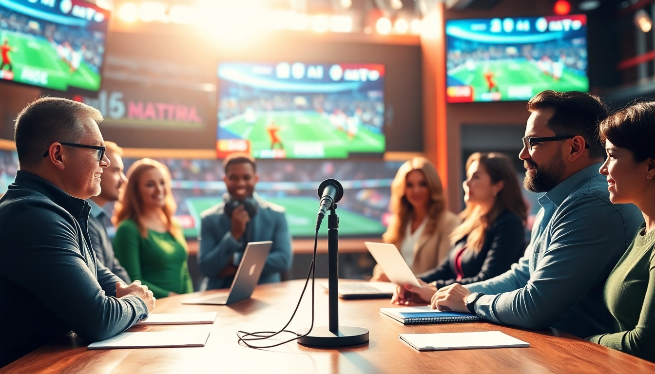 Engaging sports broadcasting scene showcasing anchors and vibrant screens, highlighting Sports Broadcasting.