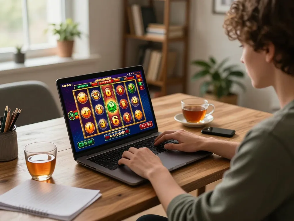 Playing slots on KP88 at home with laptop and notes in a cozy environment.
