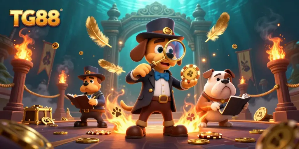 Engage in TG88 gaming with a whimsical illustration featuring gamblers and treasures in a vibrant casino scene.