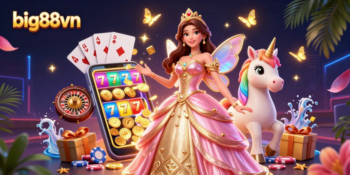 Experience the excitement of big88vn with a vibrant casino scene featuring slots and fairy-tale aesthetics.