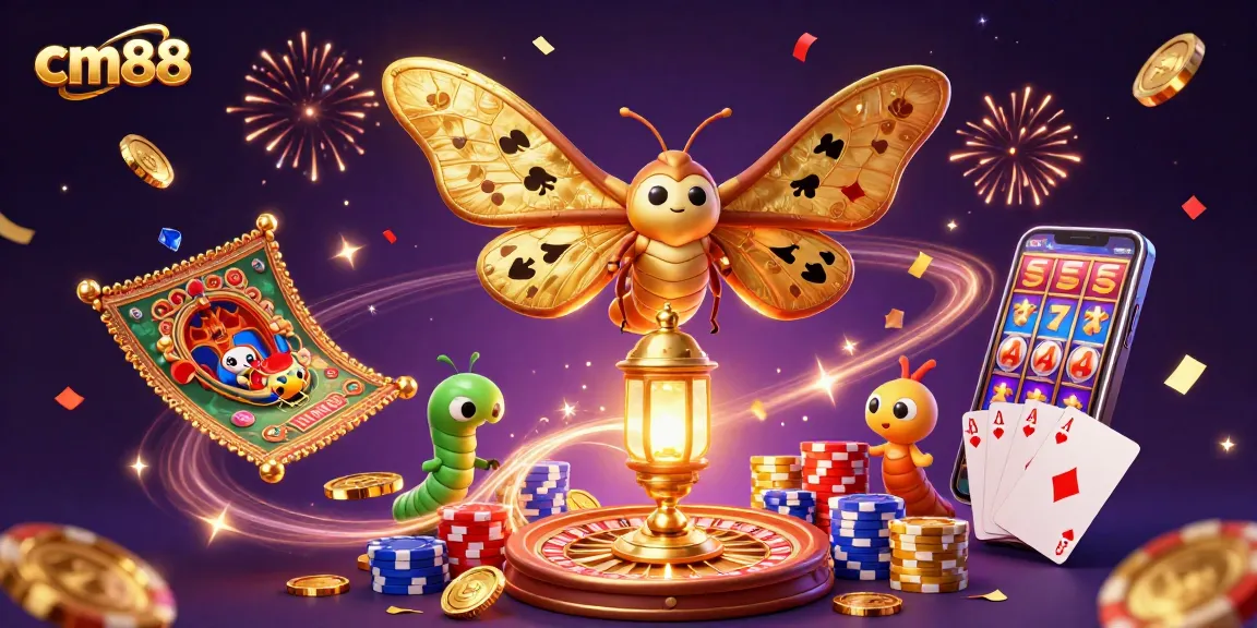 Experience the excitement of cm88 with a vibrant illustration of a 3D moth surrounded by casino symbols.