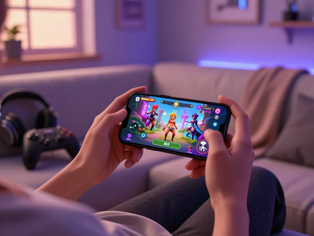 Engaged player exploring a mobile porn game in a cozy gaming nook, showcasing vibrant graphics and accessories.