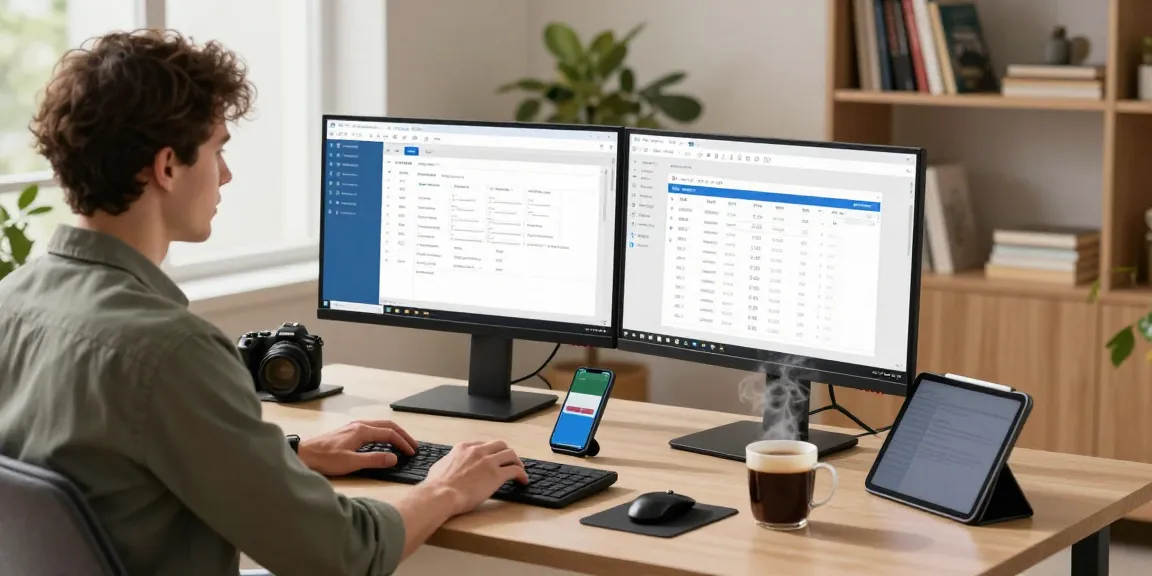 Download WPS Office in a modern workspace with dual monitors showcasing productivity tools and a professional at work.