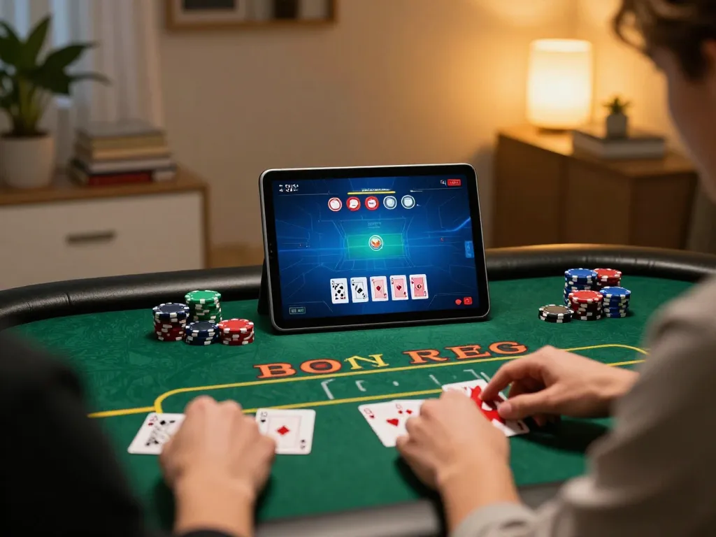 Engaging in online poker gameplay on rikvip using a tablet in a cozy home setting