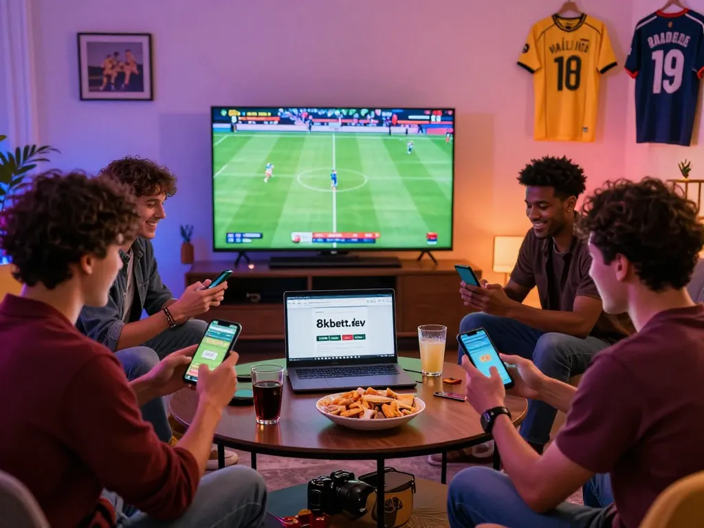 Friends enjoying a live betting experience on 8kbett.dev with snacks and sports decor.