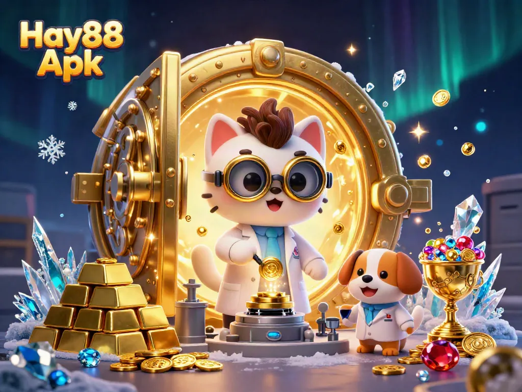 Engage in thrilling gameplay with Hay88 Apk featuring a whimsical scene of a mad scientist cat and dog amidst treasures.