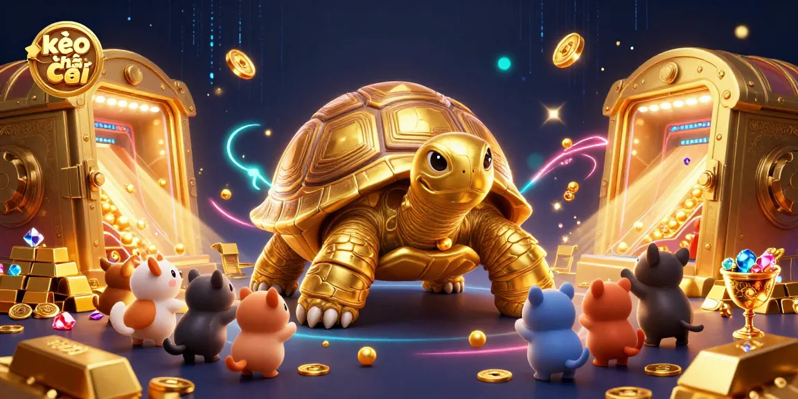 Experience the excitement of kèo nhà cái with colorful visuals of a golden tortoise pinball machine and treasures.