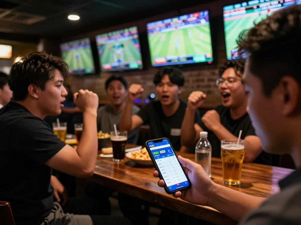 People engaging in sports betting with XX88 app at a lively bar, showcasing excitement.