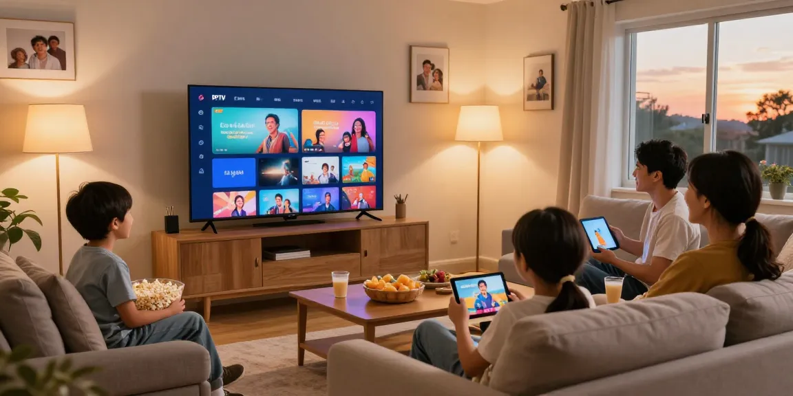 Família assistindo IPTV na sala de estar, com TV grande mostrando conteúdo vibrante.