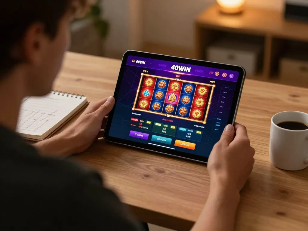 Player enjoying the 40WIN casino app on a tablet for online gaming at home, showcasing strategic gambling.